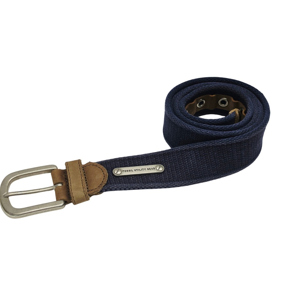 Fossil Utility Gear Mens Navy Blue Canvas Web Belt Leather Trim Size 38